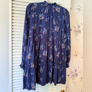 Free People Long Sleeve Open Back Tiered Navy Print Petit Fours Mini Dress in XS